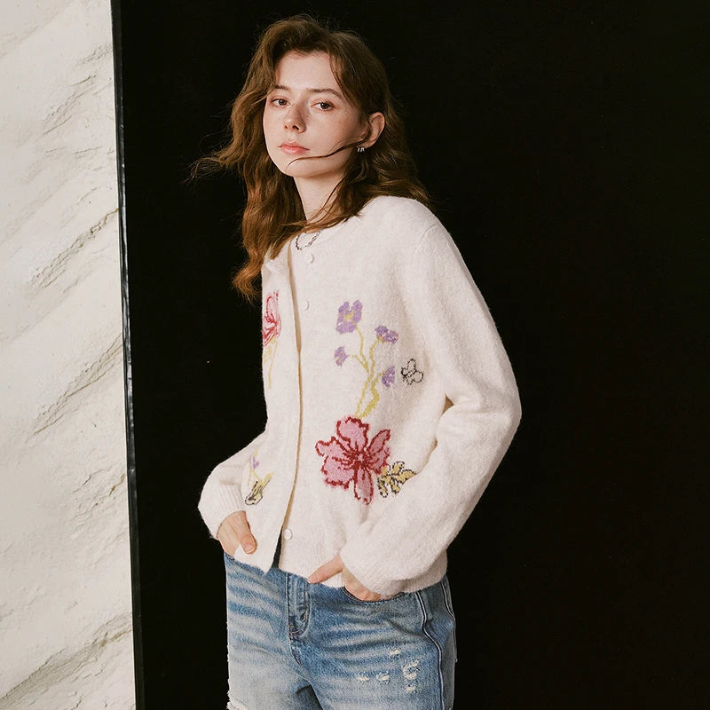 Floral-Motif Knit Cardigan