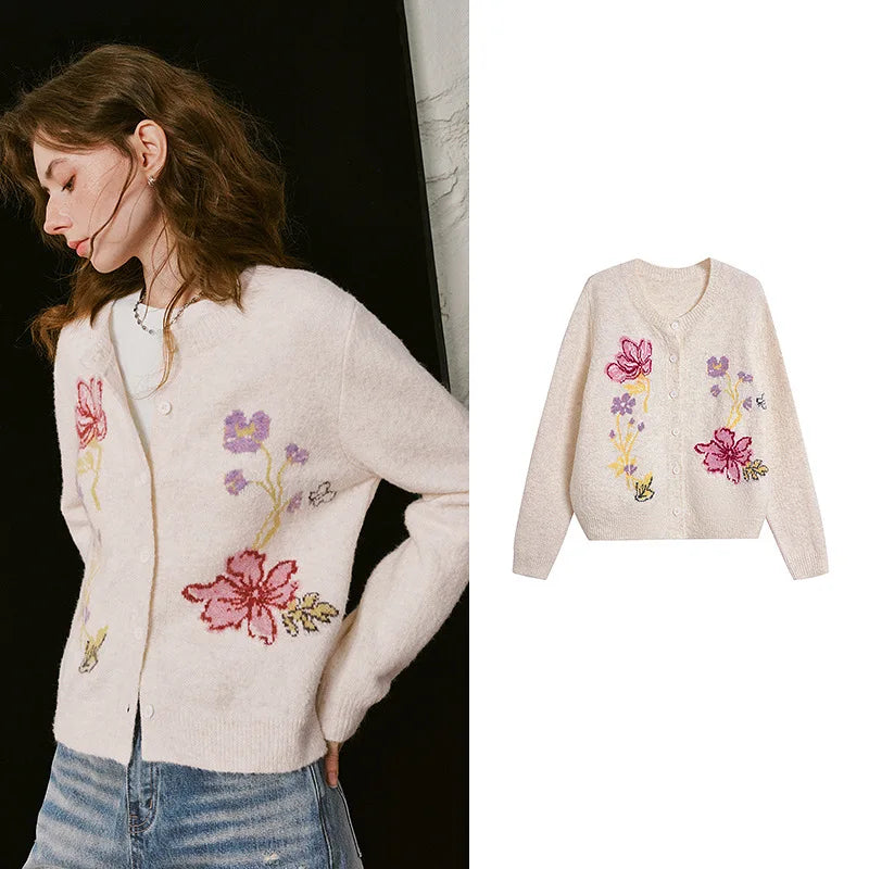 Floral-Motif Knit Cardigan