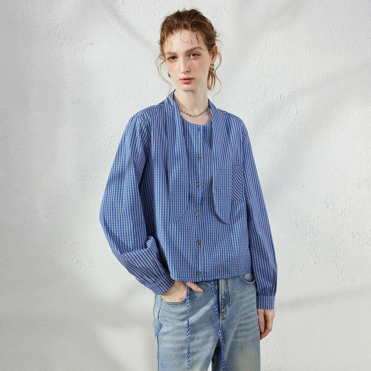 Checked Tie-Neck Blouse