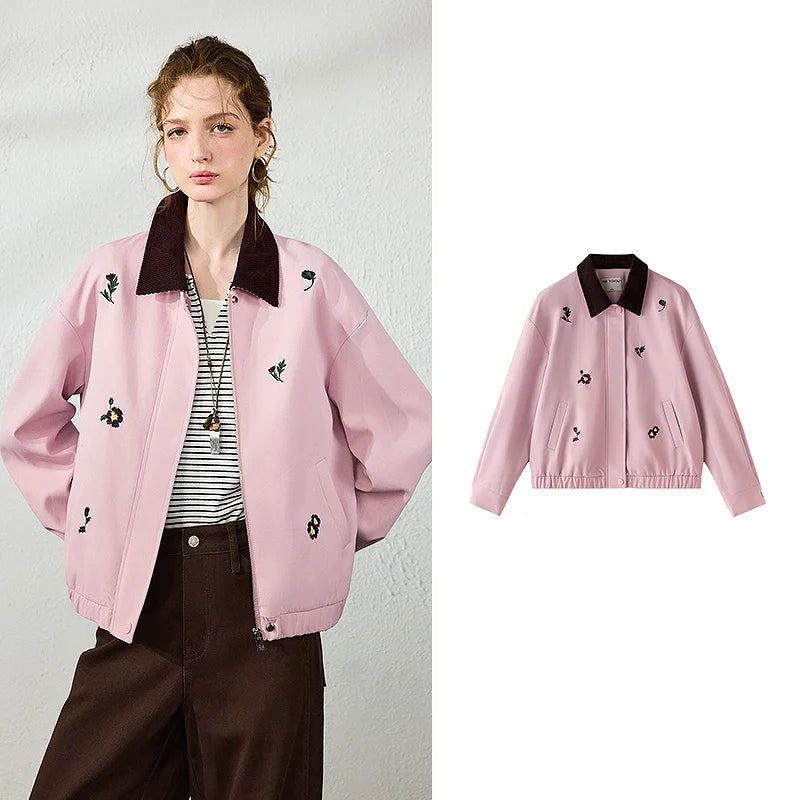 Floral-Motif Contrast-Collar Jacket