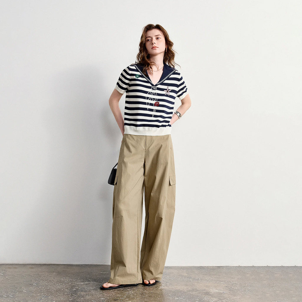 Striped Sailor-Collar Knit Top