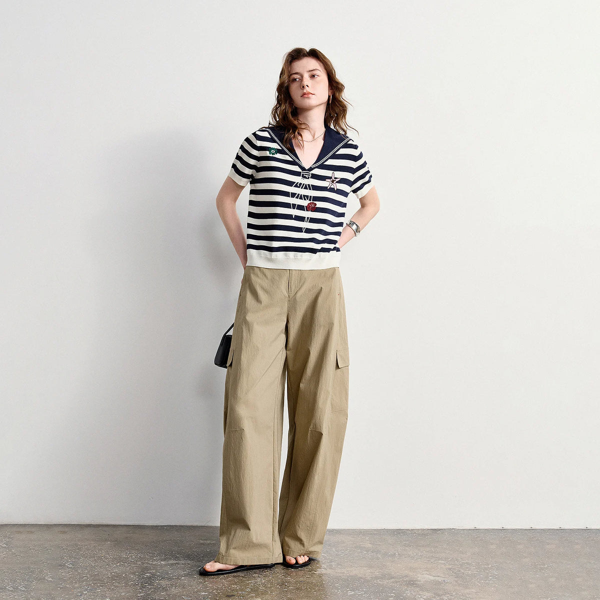 Striped Sailor-Collar Knit Top