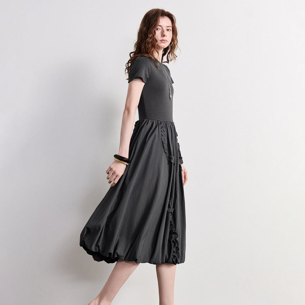 Short-Sleeve Balloon-Hem Midi Dress