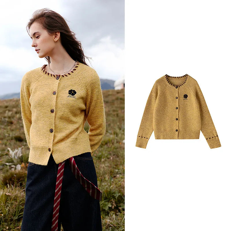 Contrast-Trim Textured Cardigan