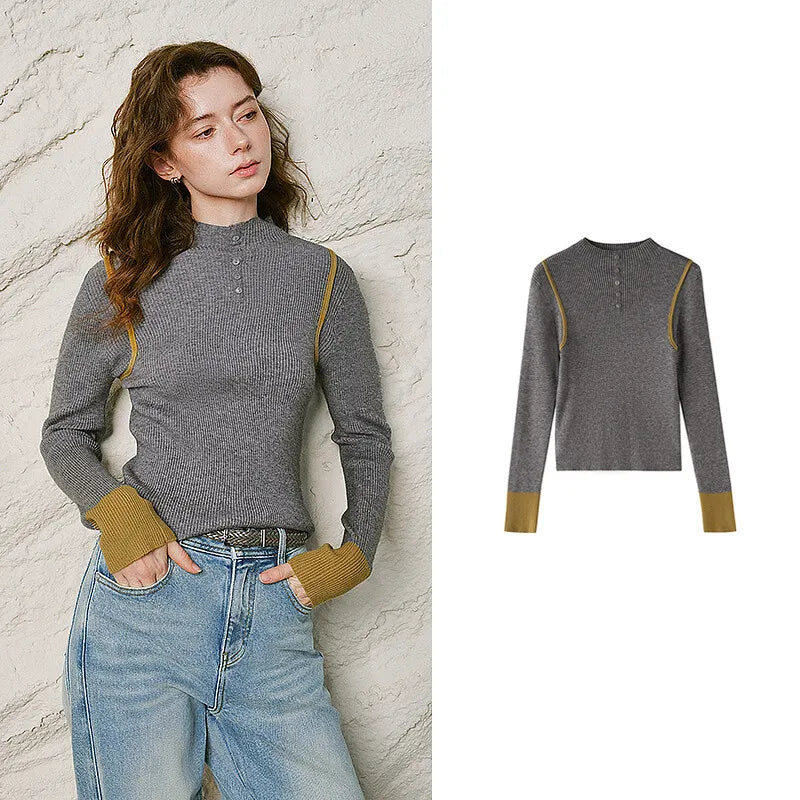 Contrast-Trim Ribbed Knit Henley