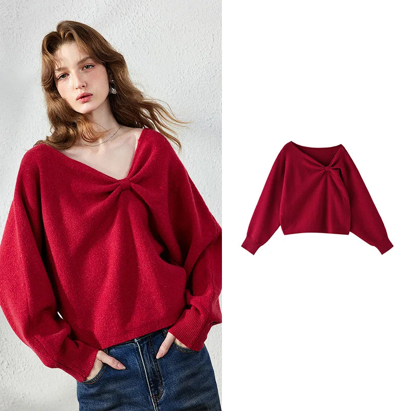 Bow-Detail V-Neck Sweater