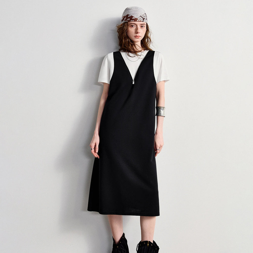 Deep V-Neck Midi Pinafore Dress