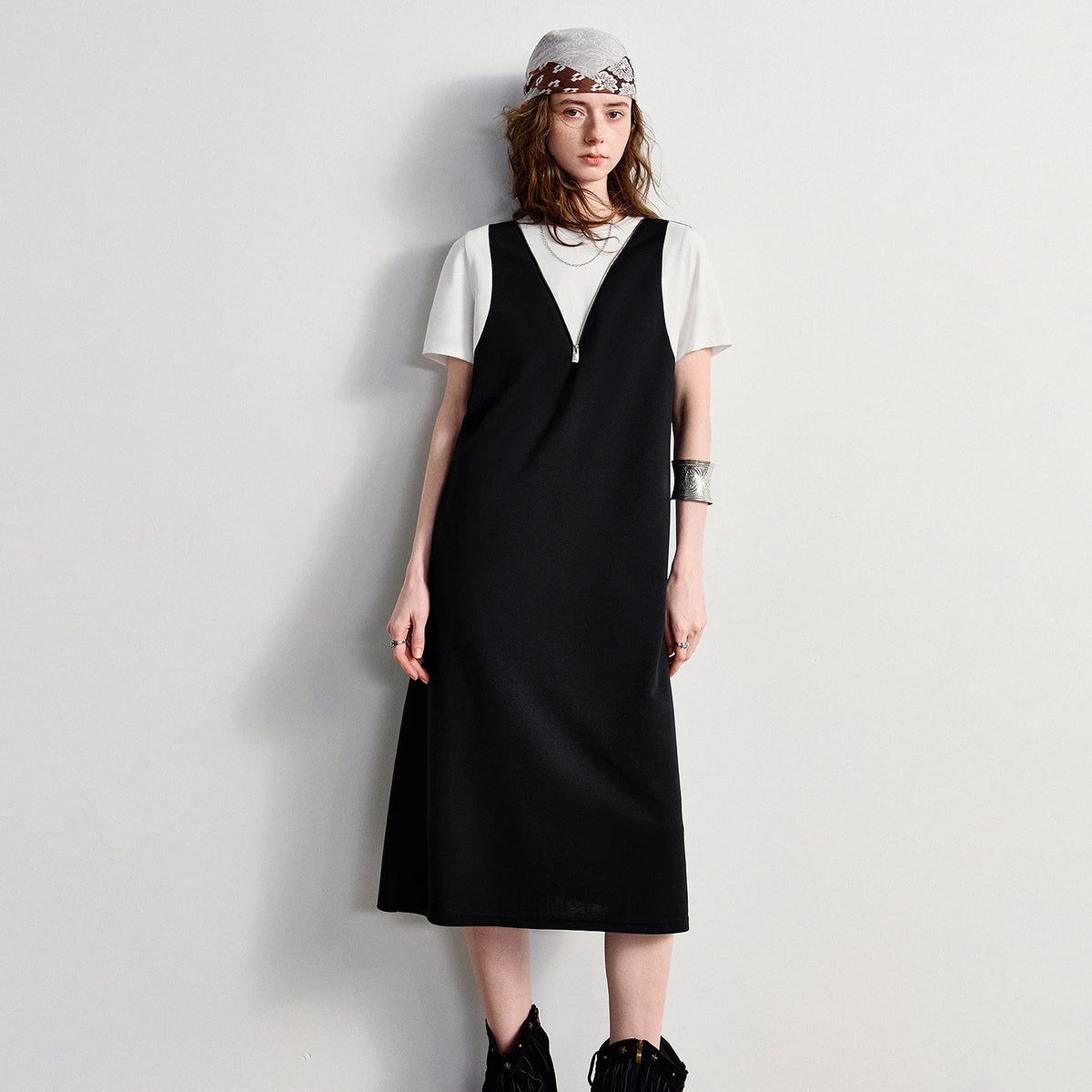Deep V-Neck Midi Pinafore Dress