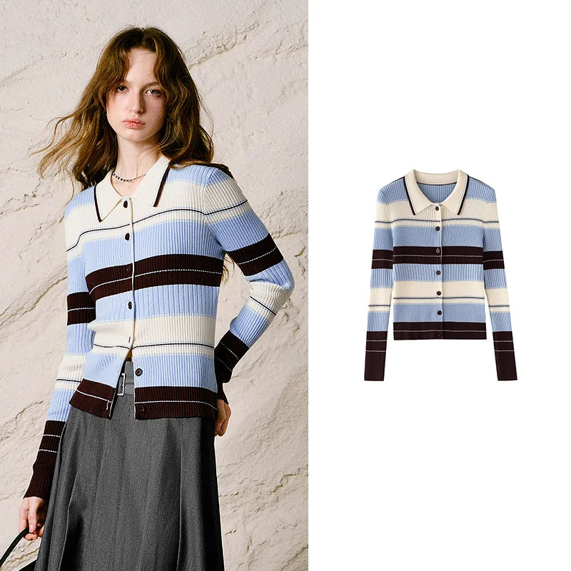Striped Ribbed Polo Cardigan