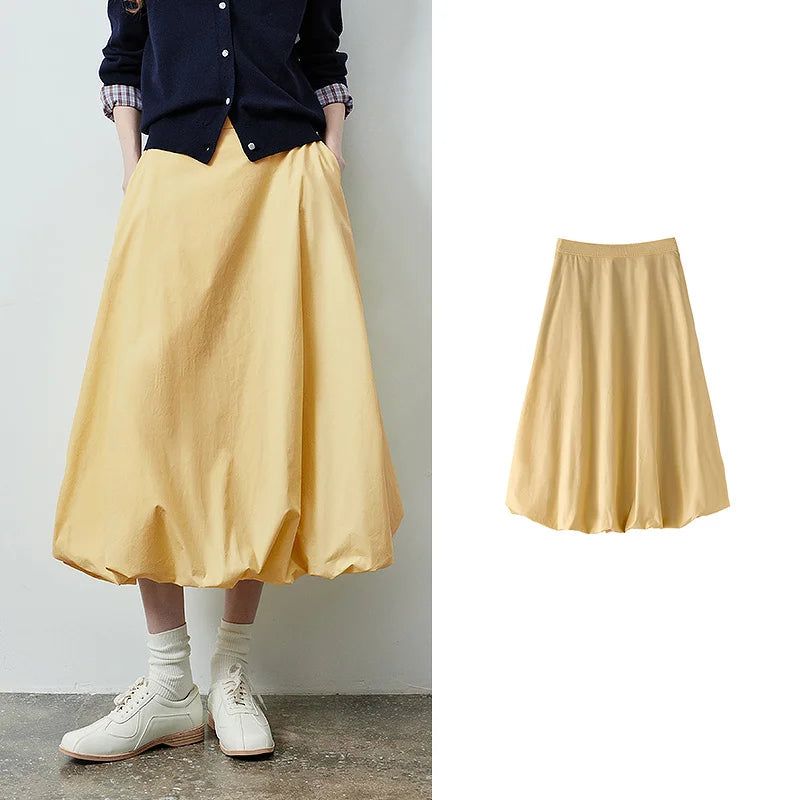 Gathered Bubble-Hem Midi Skirt