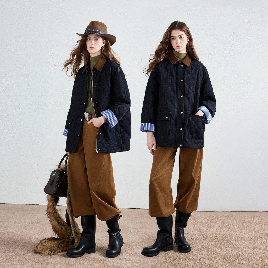Striped-Cuff Padded Denim Jacket