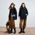 Striped-Cuff Padded Denim Jacket