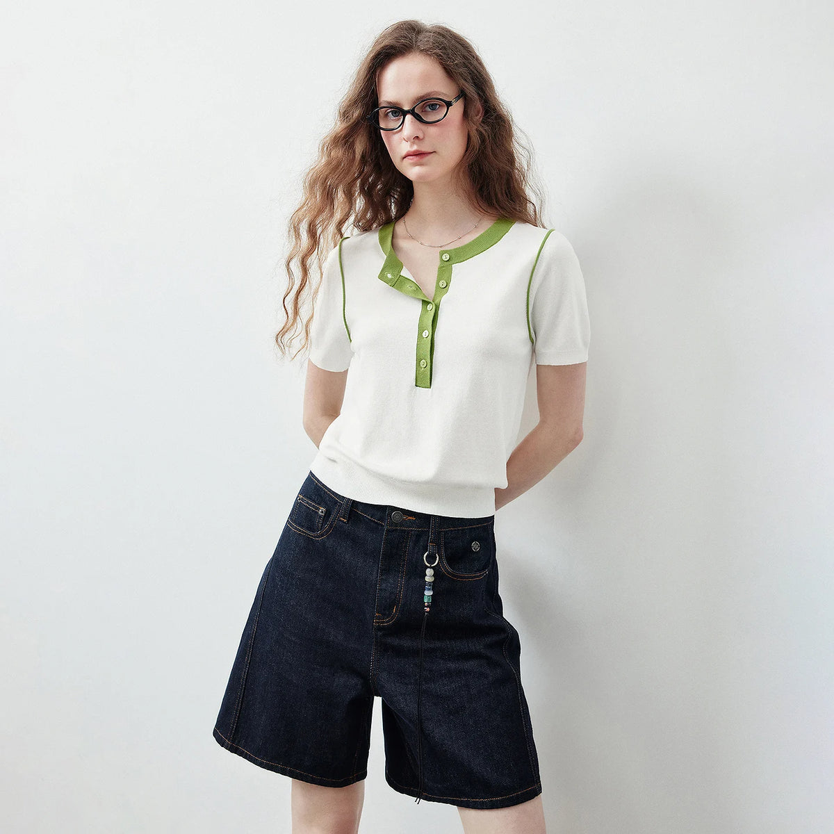 Contrast-Trim Henley Knit Top