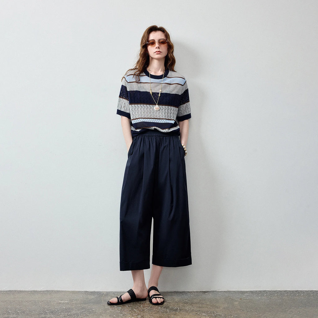 Cuffed Wide-Leg Cropped Pants