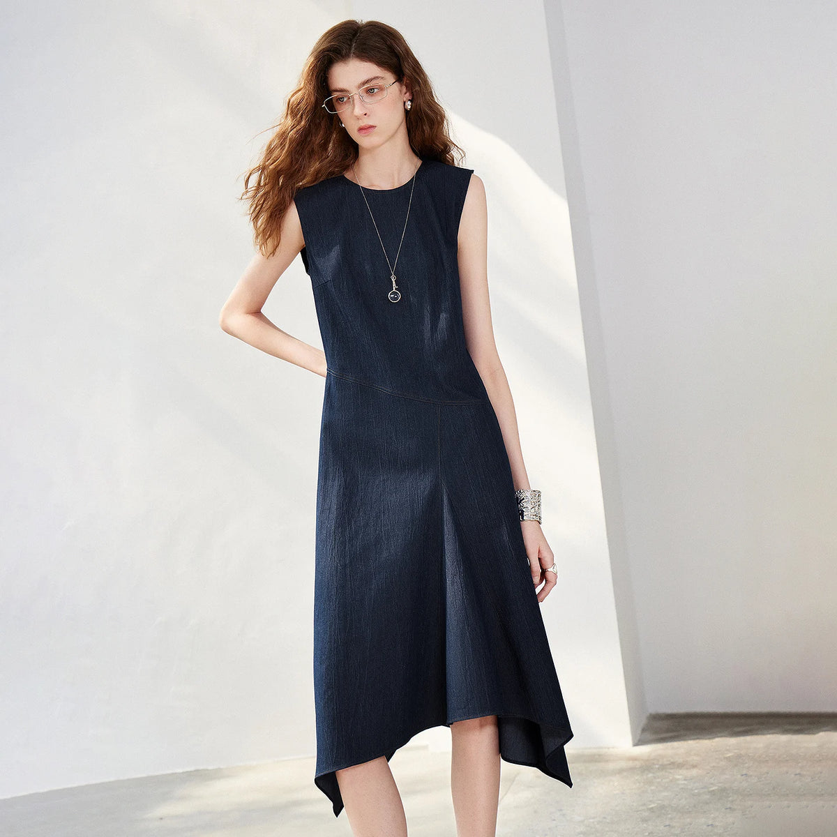 Asymmetric-Hem Sleeveless Dress