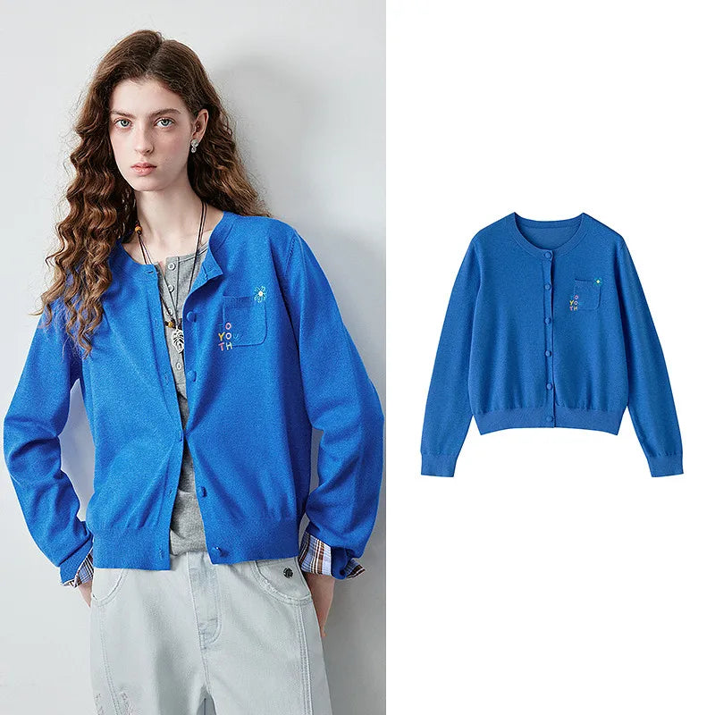 Decorative-Motif Crewneck Knit Cardigan
