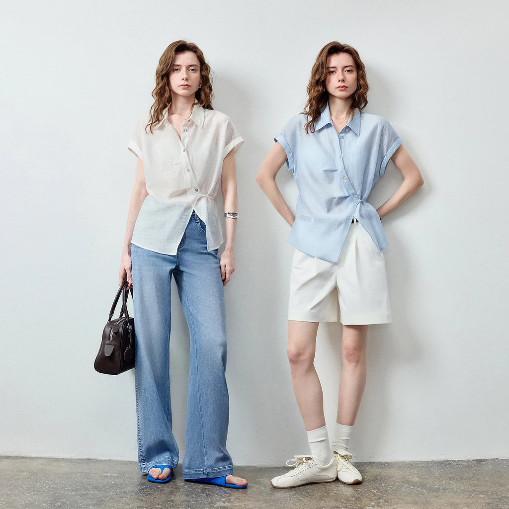 Rolled-Cuff Short-Sleeve Blouse