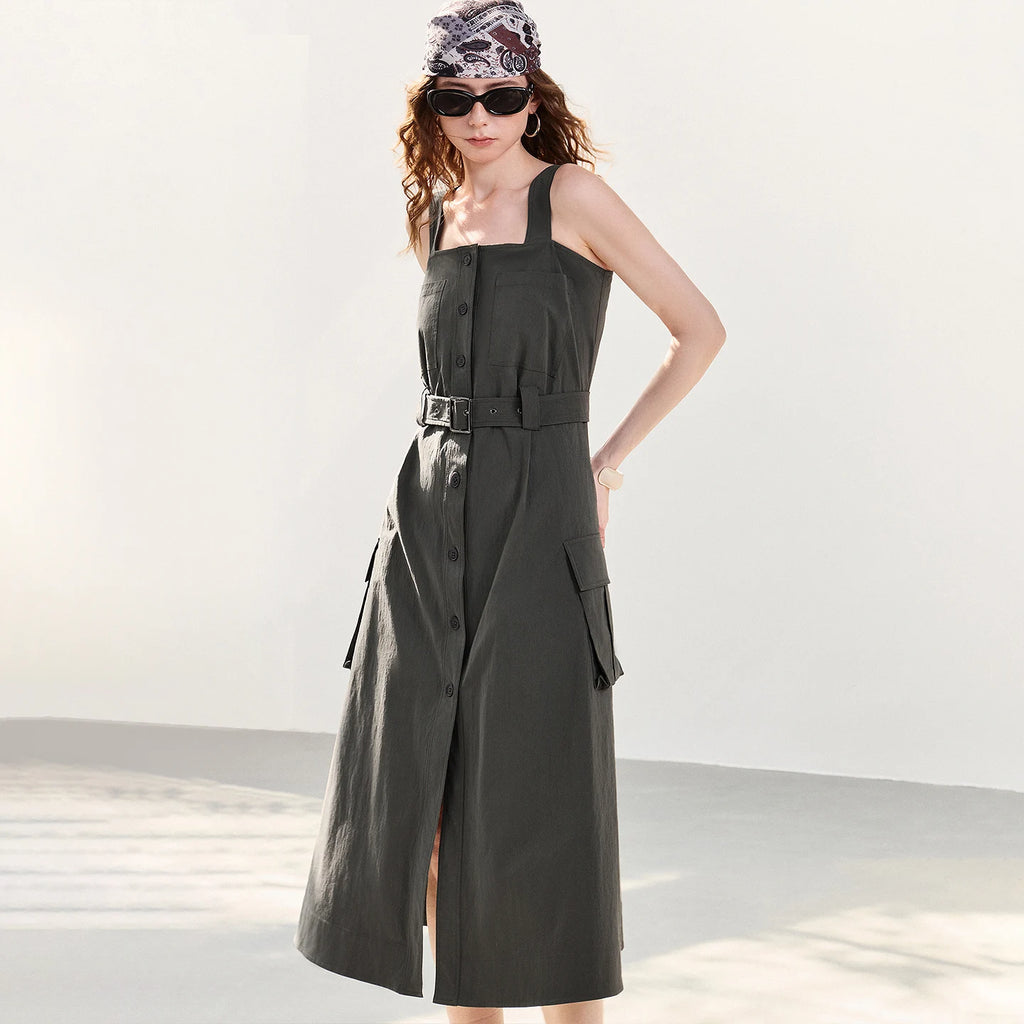 Square-Neck Belted Pinafore Dress