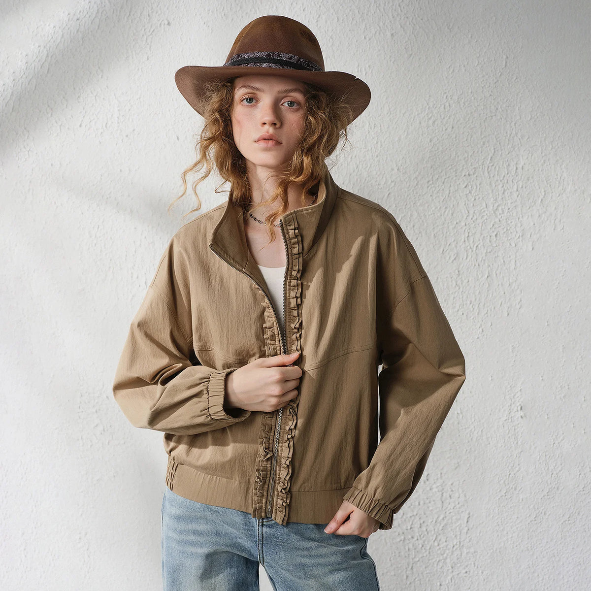 Ruffle-Trim Zip-Up Jacket