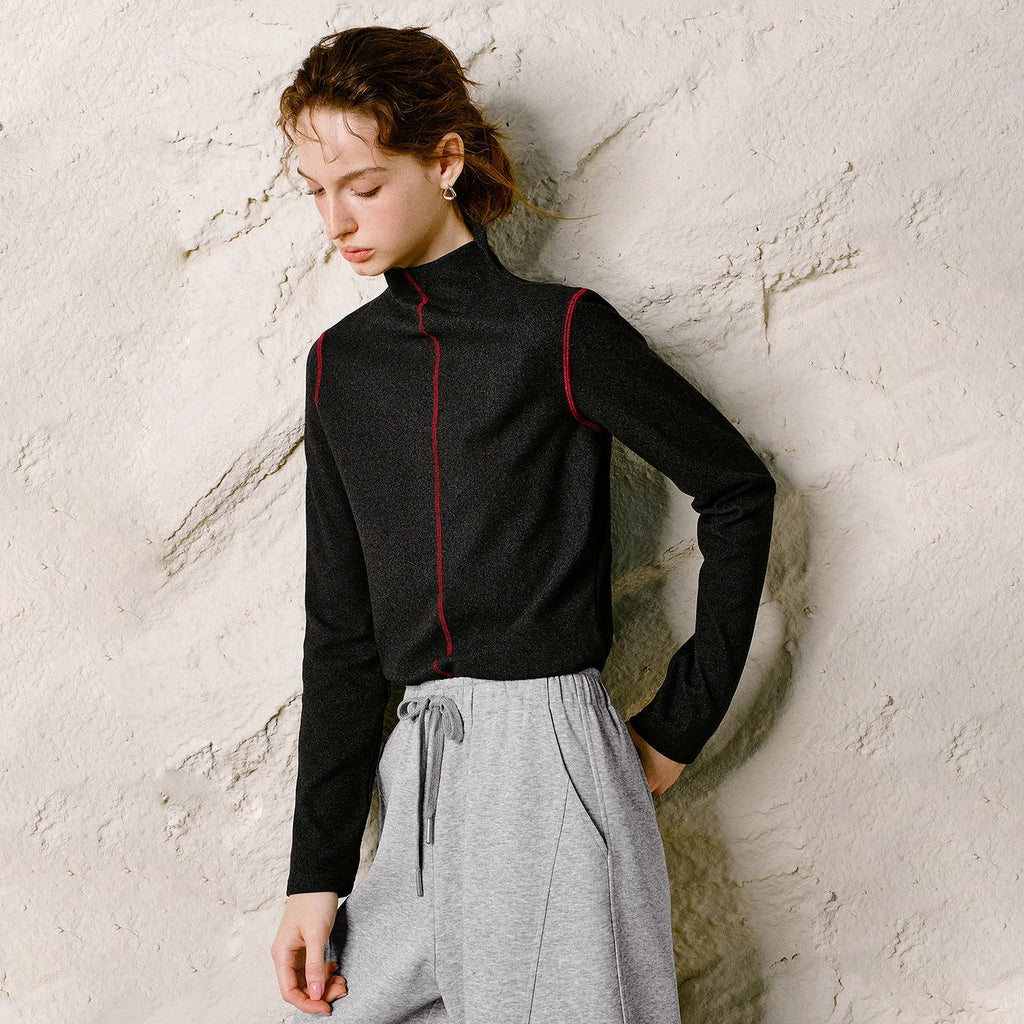 Contrast-Seam Mock-Neck Top