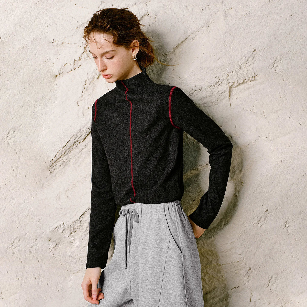 Contrast-Seam Mock-Neck Top