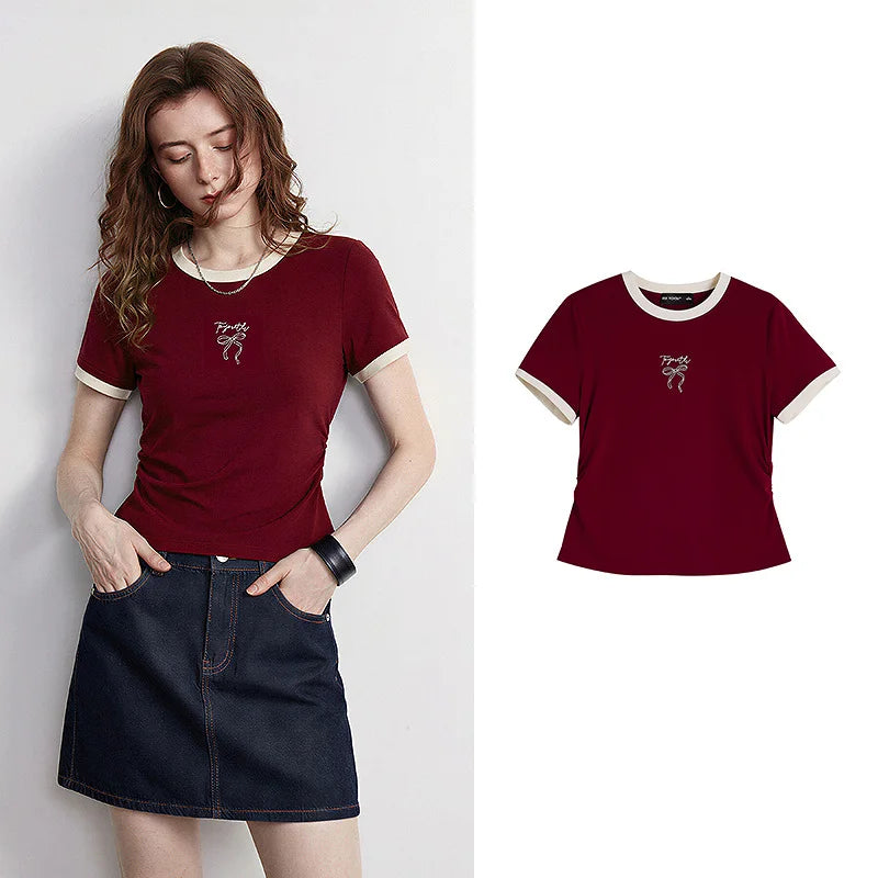 Bow-Detail Contrast-Trim Fitted Tee