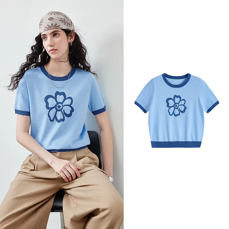 Flower-Motif Contrast-Trim Knit Tee