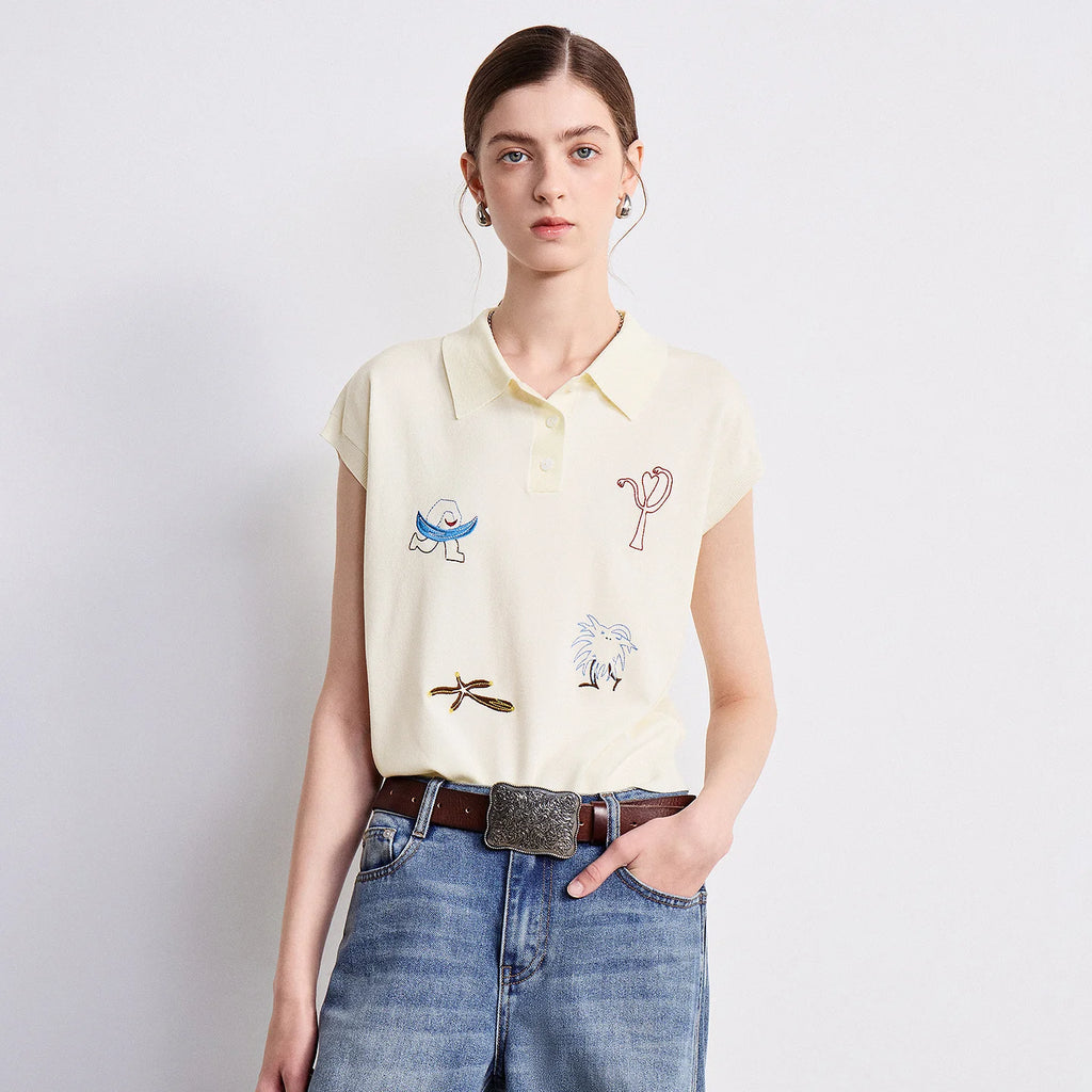 Motif-Detail Sleeveless Collared Top