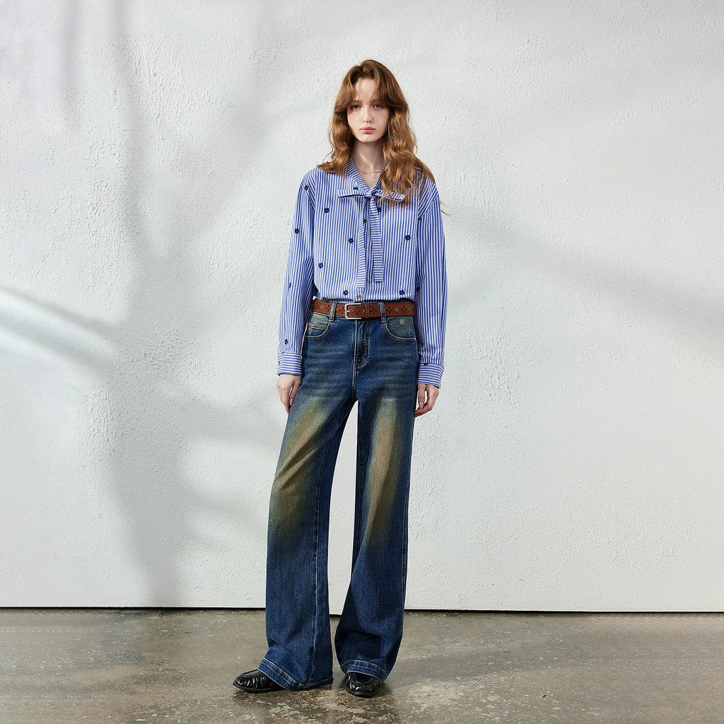 Striped Tie-Neck Button-Up Blouse
