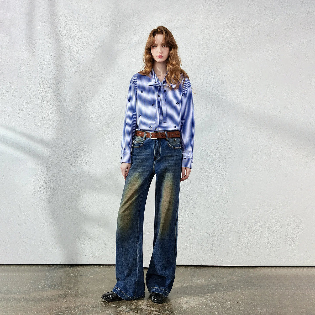 Striped Tie-Neck Button-Up Blouse