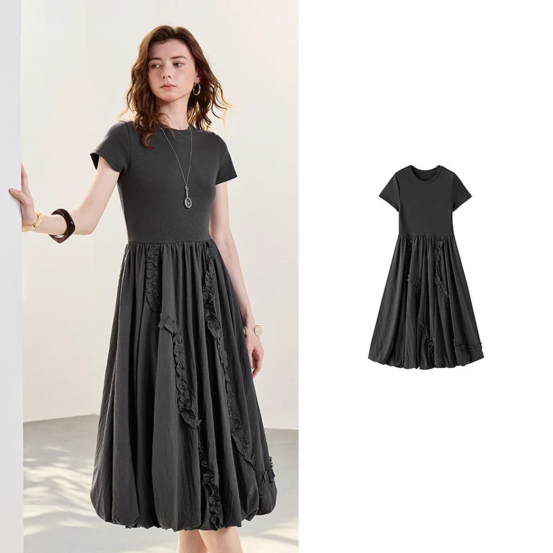 Short-Sleeve Balloon-Hem Midi Dress