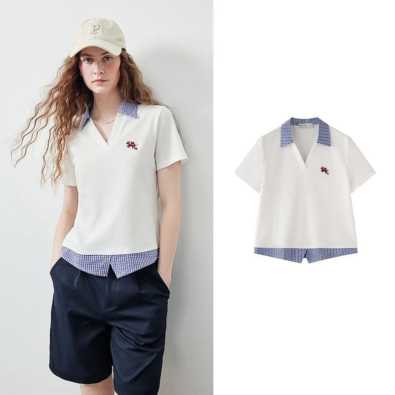 Layered-Look Plaid-Collar Polo Top