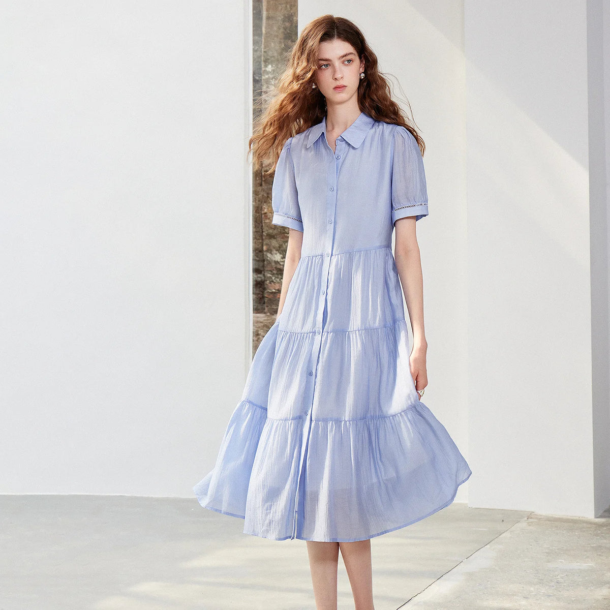 Tiered Short-Sleeve Shirt Dress