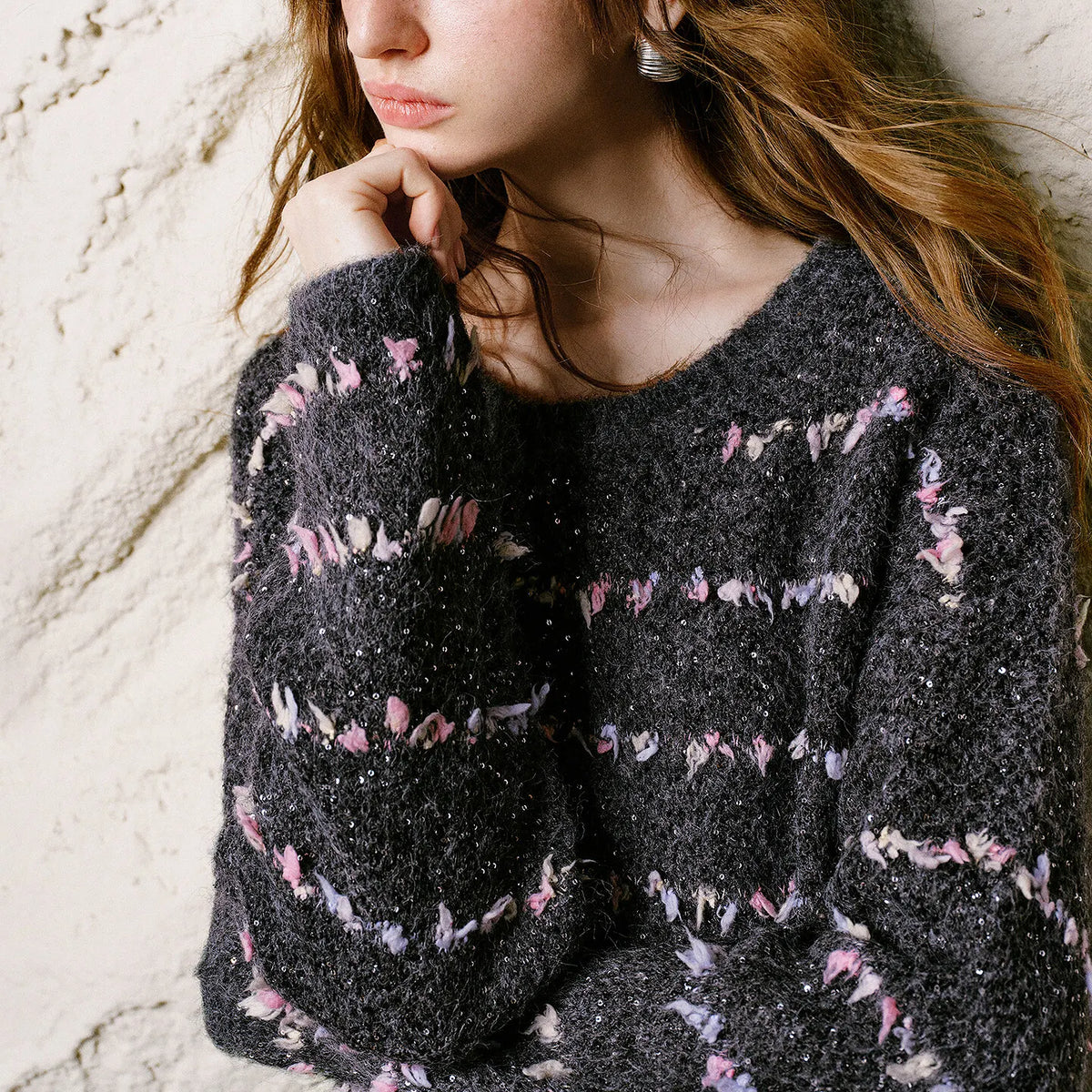Striped Textured Crewneck Knit Top