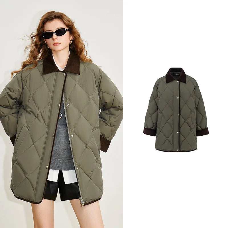 Diamond-Quilted Contrast-Collar Jacket