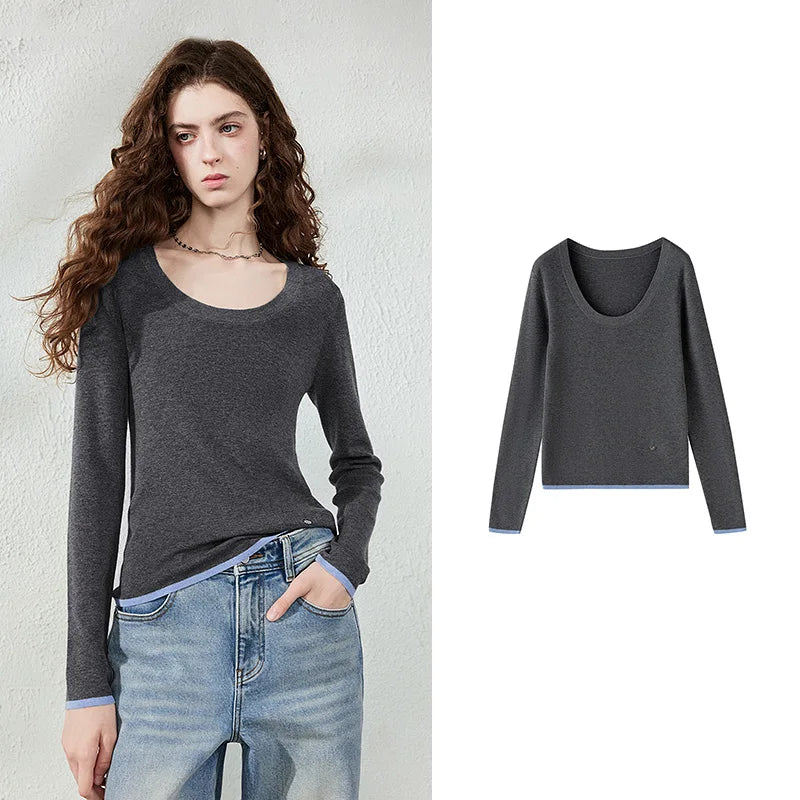 Contrast-Trim Scoop-Neck Knit Top