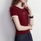 Bow-Detail Contrast-Trim Fitted Tee