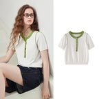 Contrast-Trim Henley Knit Top