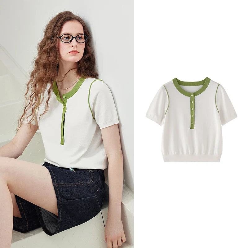 Contrast-Trim Henley Knit Top