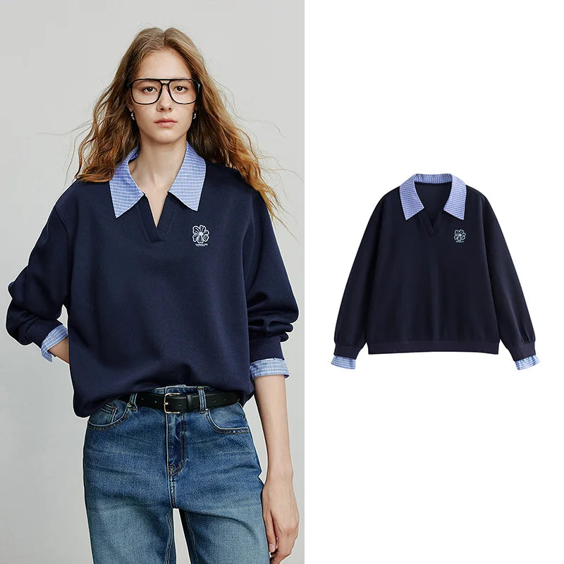 Contrast-Collar Layered-Look Sweatshirt