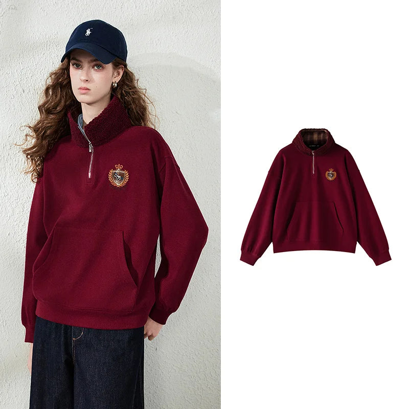 Plaid-Collar Half-Zip Sweatshirt