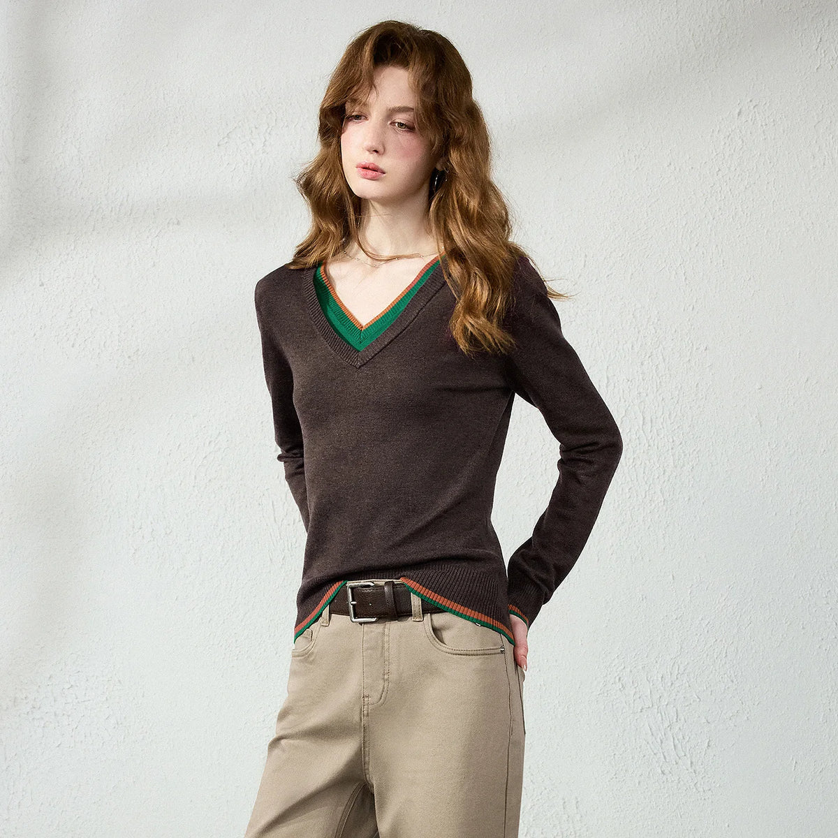 Contrast-Trim V-Neck Sweater