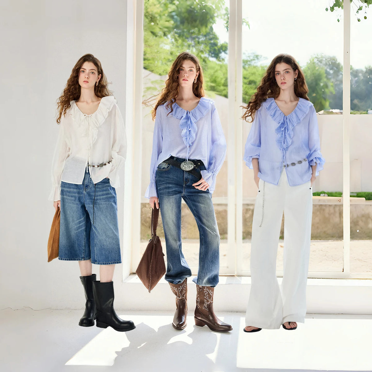 Ruffle-Neck Tie-Front Blouse