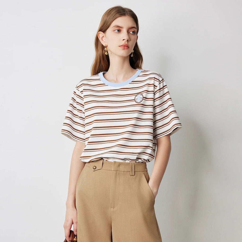 Striped Contrast-Neck Crewneck Tee