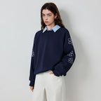 Floral-Sleeve Collared Sweatshirt