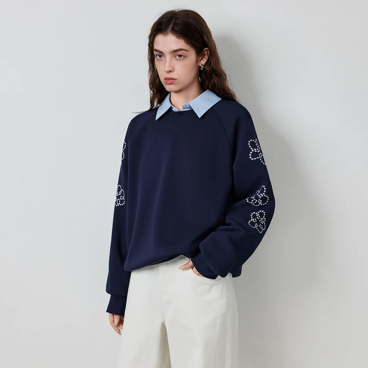 Floral-Sleeve Collared Sweatshirt