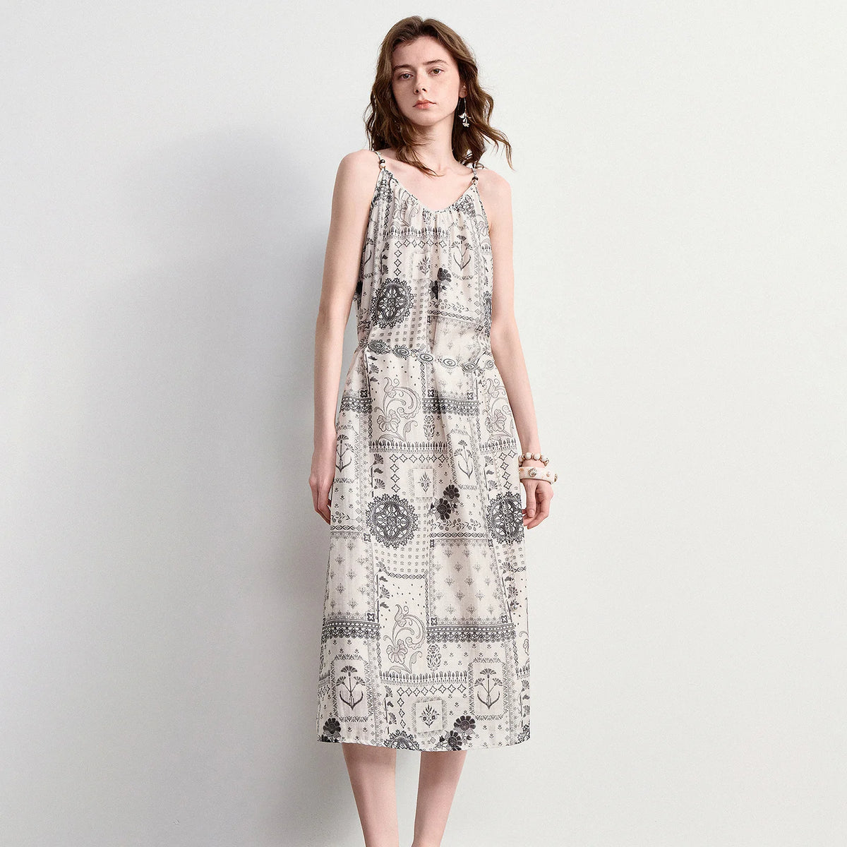Patchwork-Print Sleeveless Midi Dress