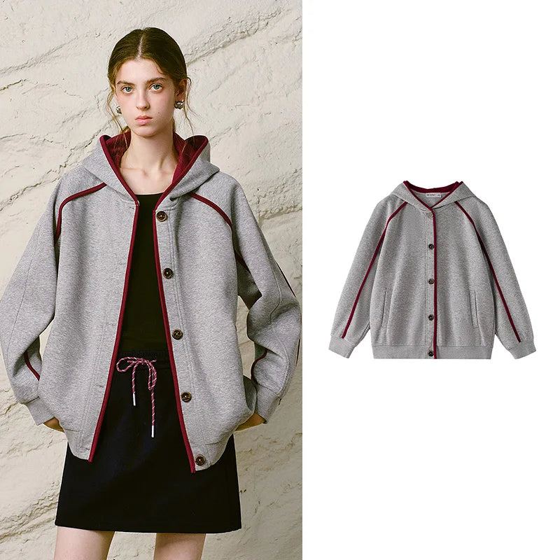 Contrast-Trim Button-Front Hoodie