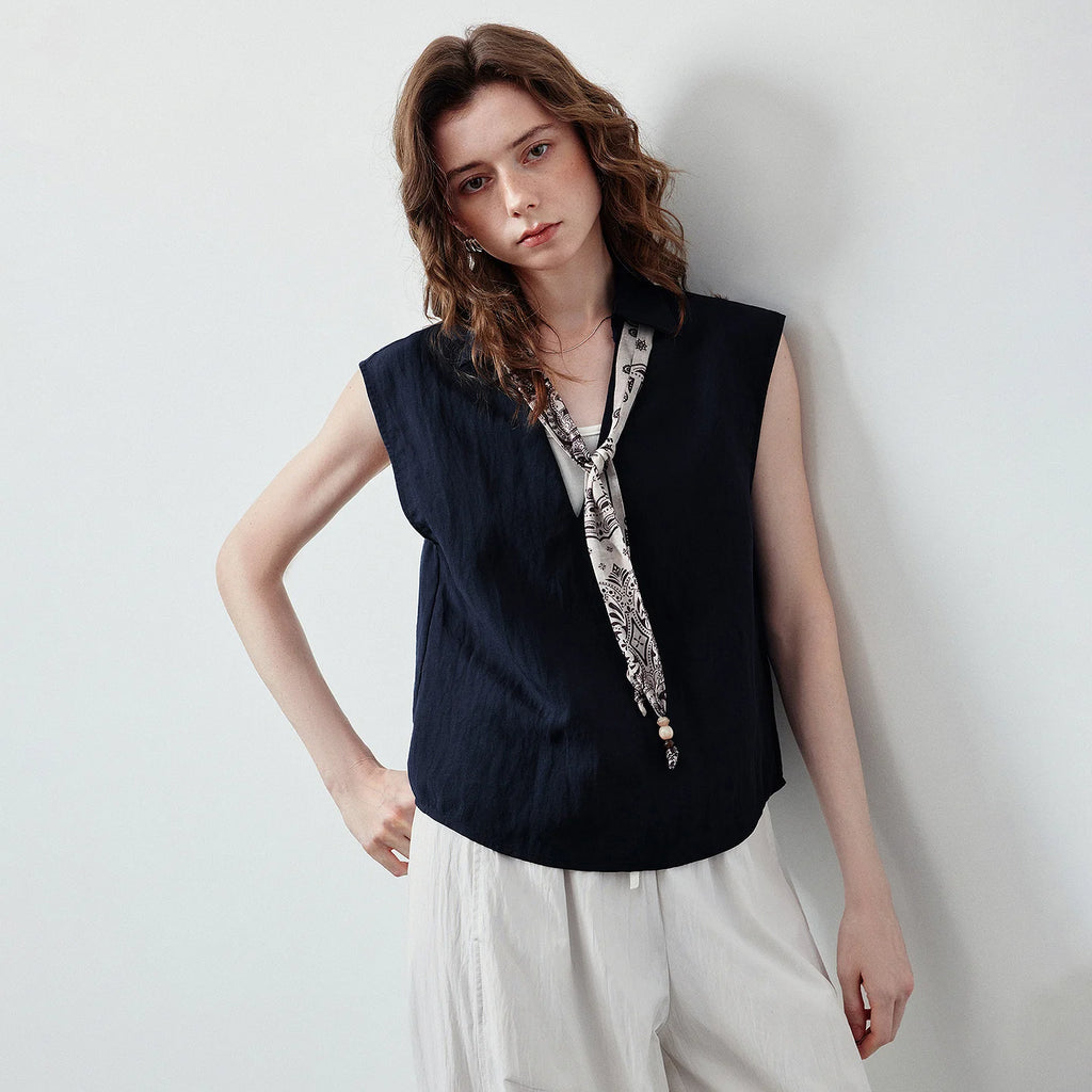 Printed-Placket Sleeveless Blouse