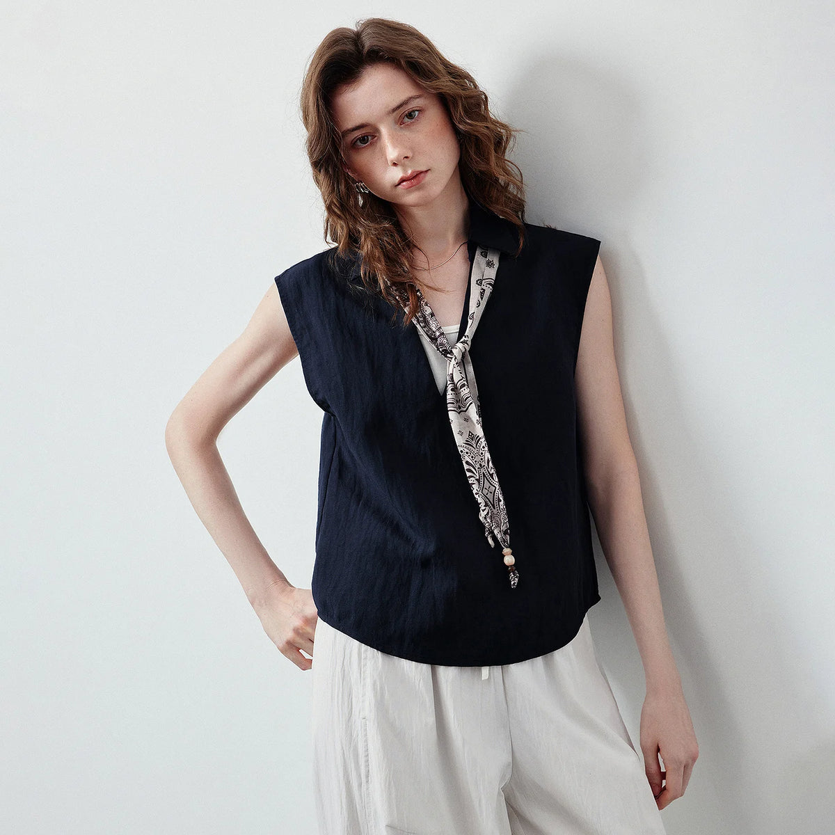 Printed-Placket Sleeveless Blouse